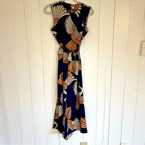 SHEIN bird printed jumpsuit, wide legged, sleeveless.